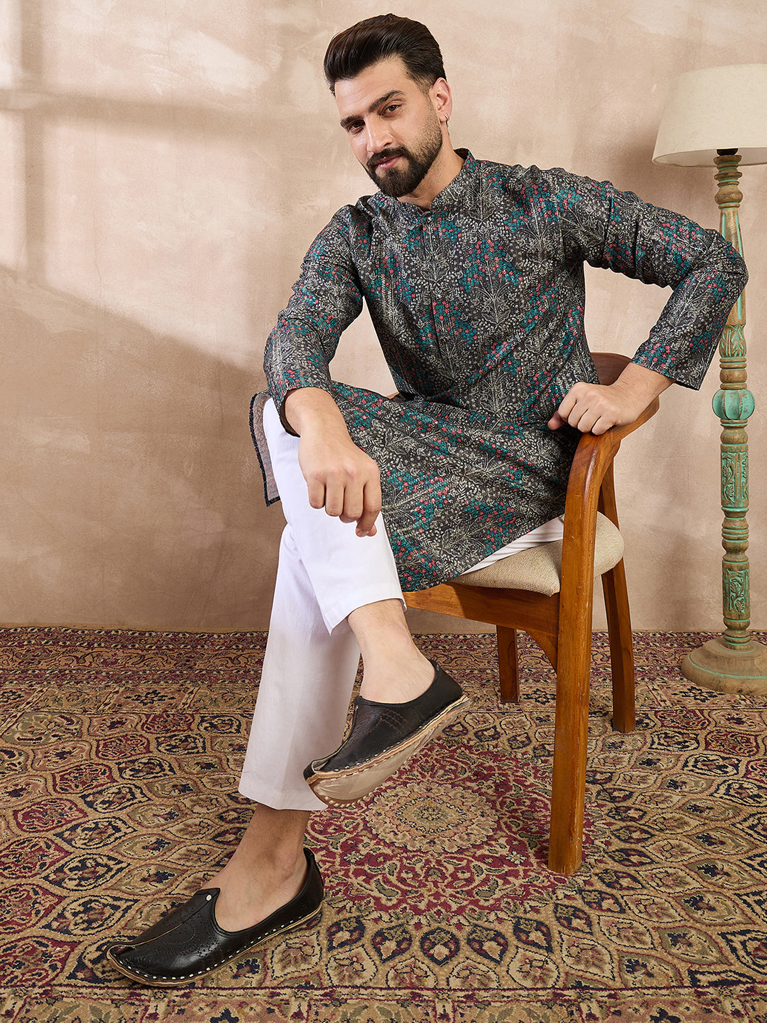 Ethnic Bay Men Black Silk Blend Floral Printed Straight Kurta With Trouser