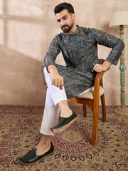 Ethnic Bay Men Black Silk Blend Floral Printed Straight Kurta With Trouser-MKSET2015