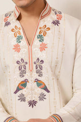 White Silk Blend Embroidered Straight Kurta With Trousers MKSET2397