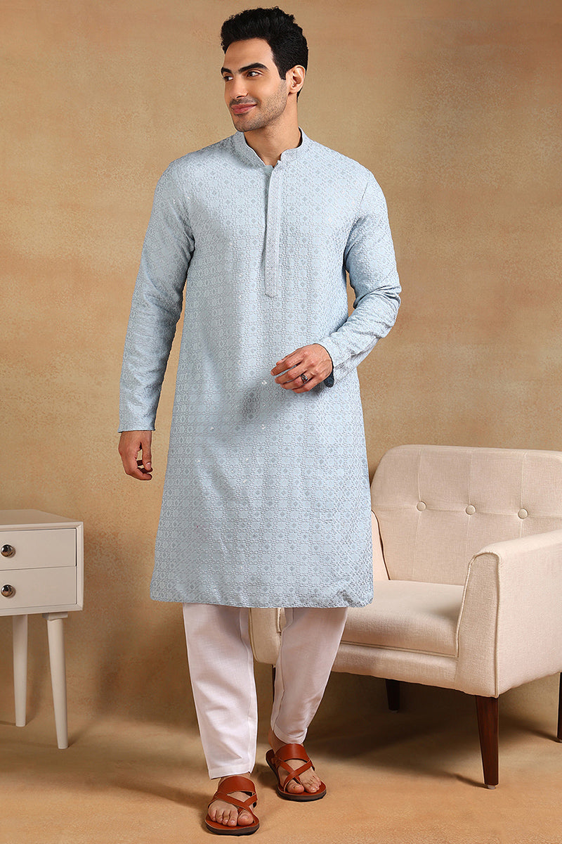 Ethnic Bay Blue Viscose Rayon Solid Embroidered Straight Kurta For Men MKU1001BLU