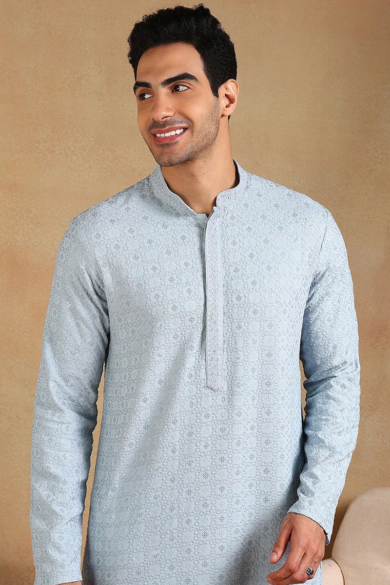 Blue Embroidered Mens Kurta - Viscose Rayon Indian Kurta for Men - Style 1