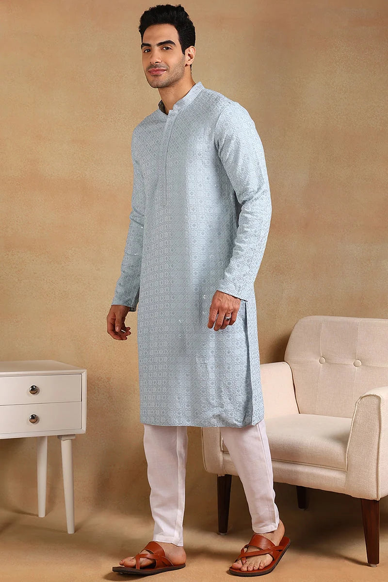 Blue Embroidered Mens Kurta - Viscose Rayon Indian Kurta for Men - Style 1