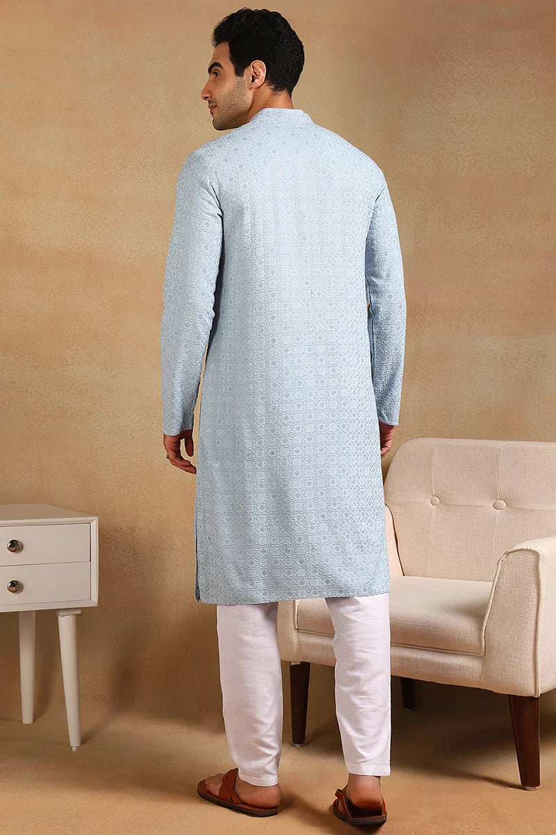 Blue Embroidered Mens Kurta - Viscose Rayon Indian Kurta for Men - Style 1