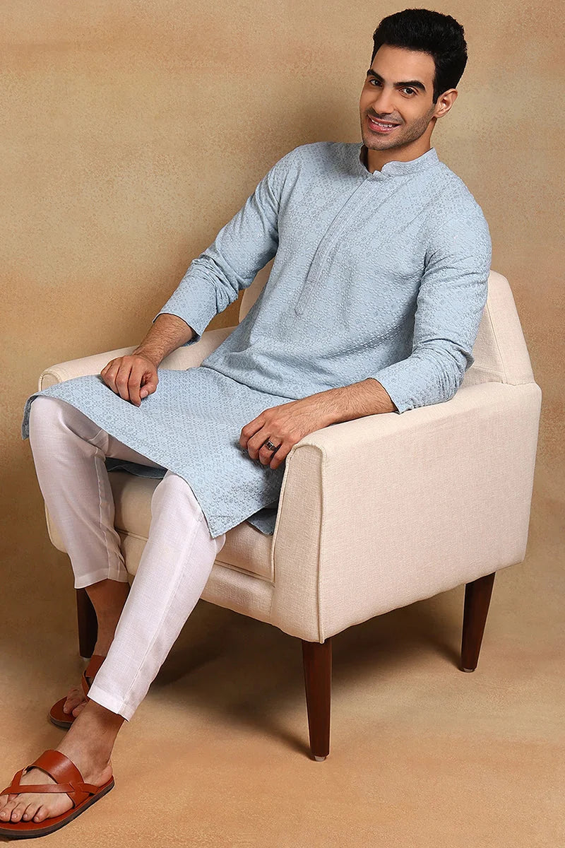 Blue Embroidered Mens Kurta - Viscose Rayon Indian Kurta for Men - Style 1