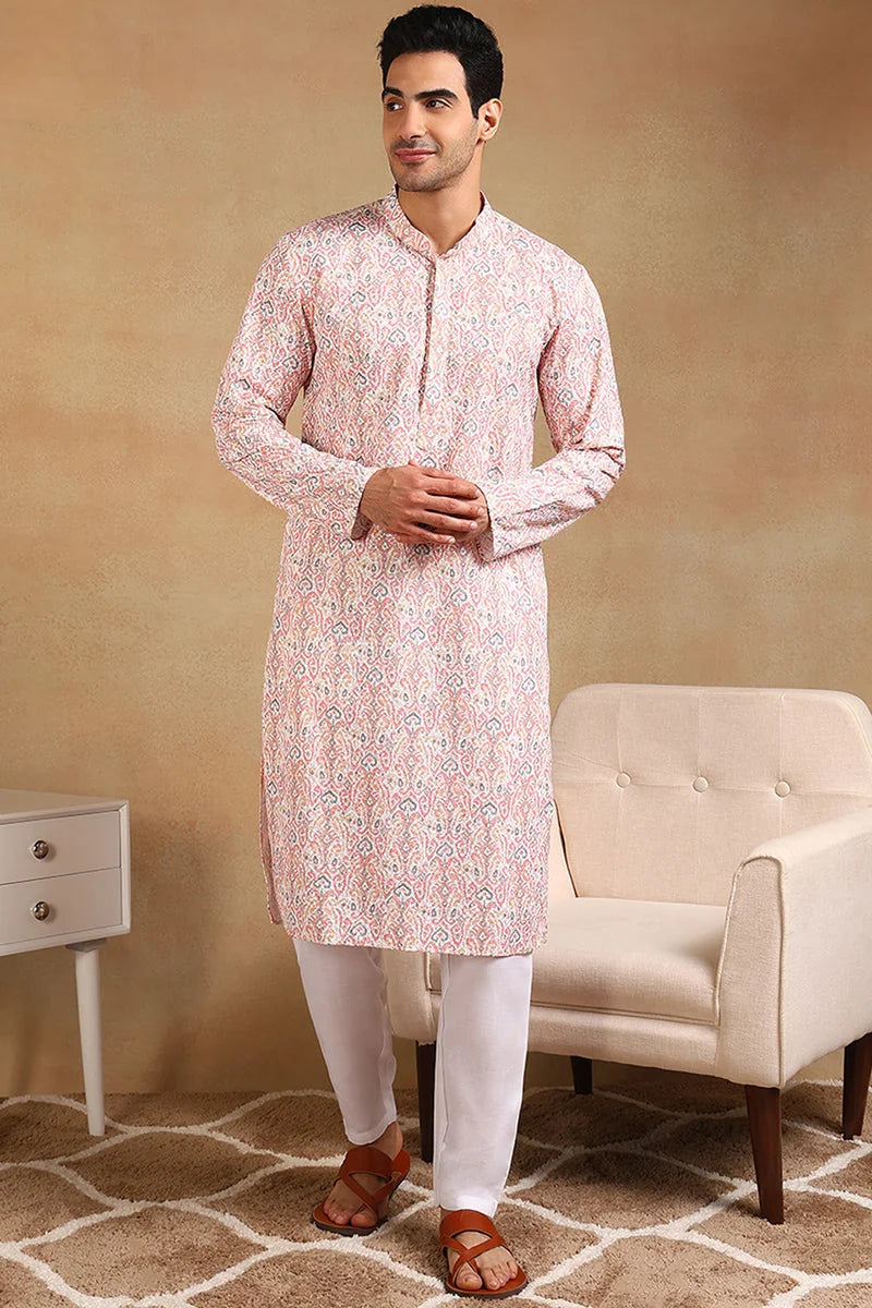 Peach Embroidered Mens Kurta - Viscose Rayon Indian Kurta for Men
