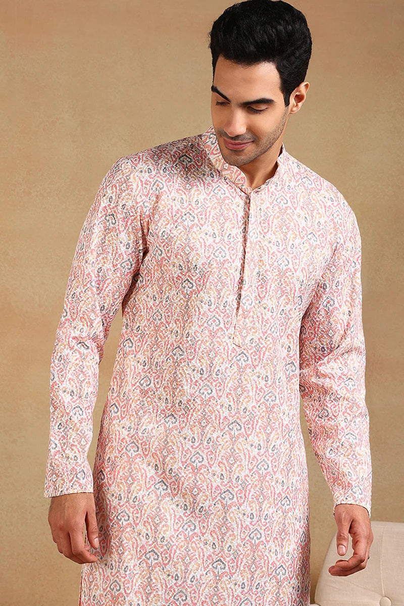 Peach Embroidered Mens Kurta - Viscose Rayon Indian Kurta for Men