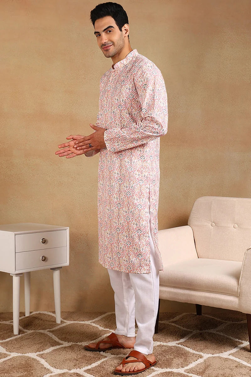 Peach Embroidered Mens Kurta - Viscose Rayon Indian Kurta for Men