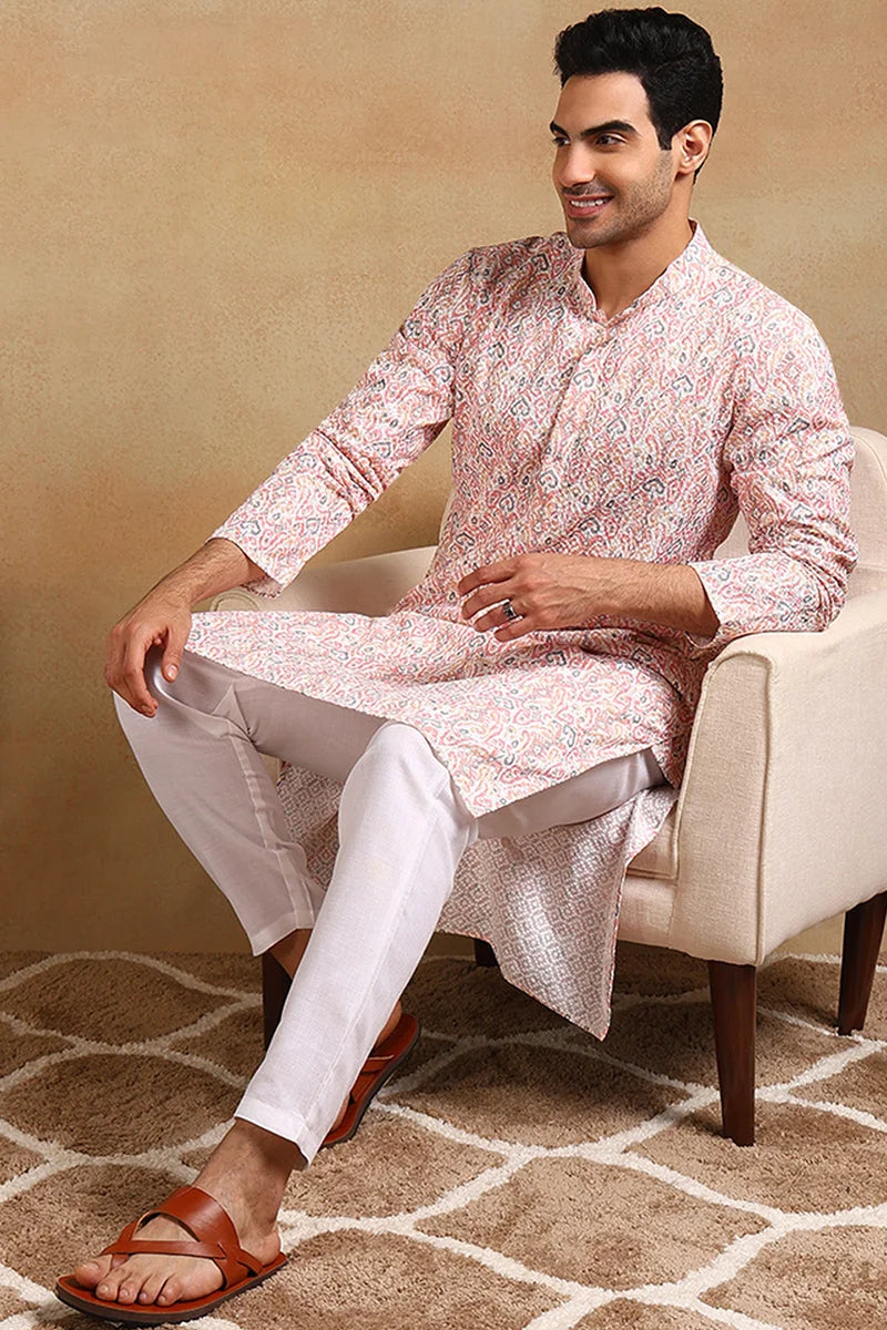 Peach Embroidered Mens Kurta - Viscose Rayon Indian Kurta for Men