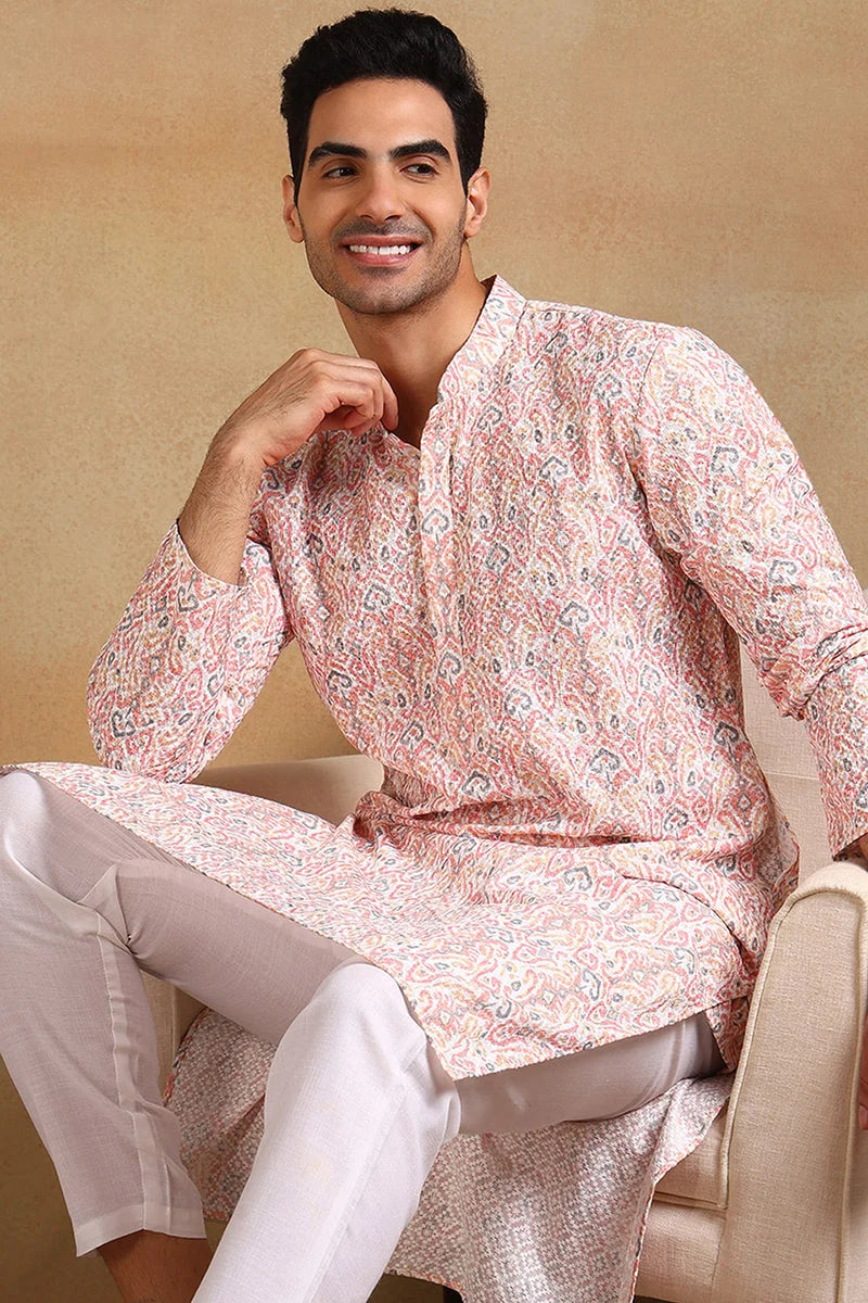 Peach Embroidered Mens Kurta - Viscose Rayon Indian Kurta for Men