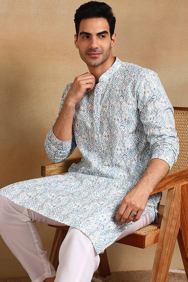 Teal Embroidered Mens Kurta - Viscose Rayon Indian Kurta for Men