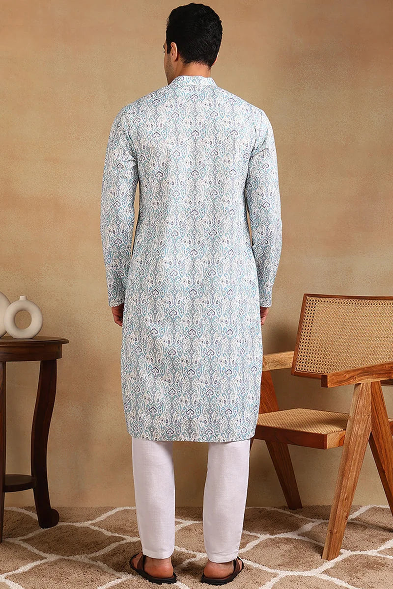 Teal Embroidered Mens Kurta - Viscose Rayon Indian Kurta for Men
