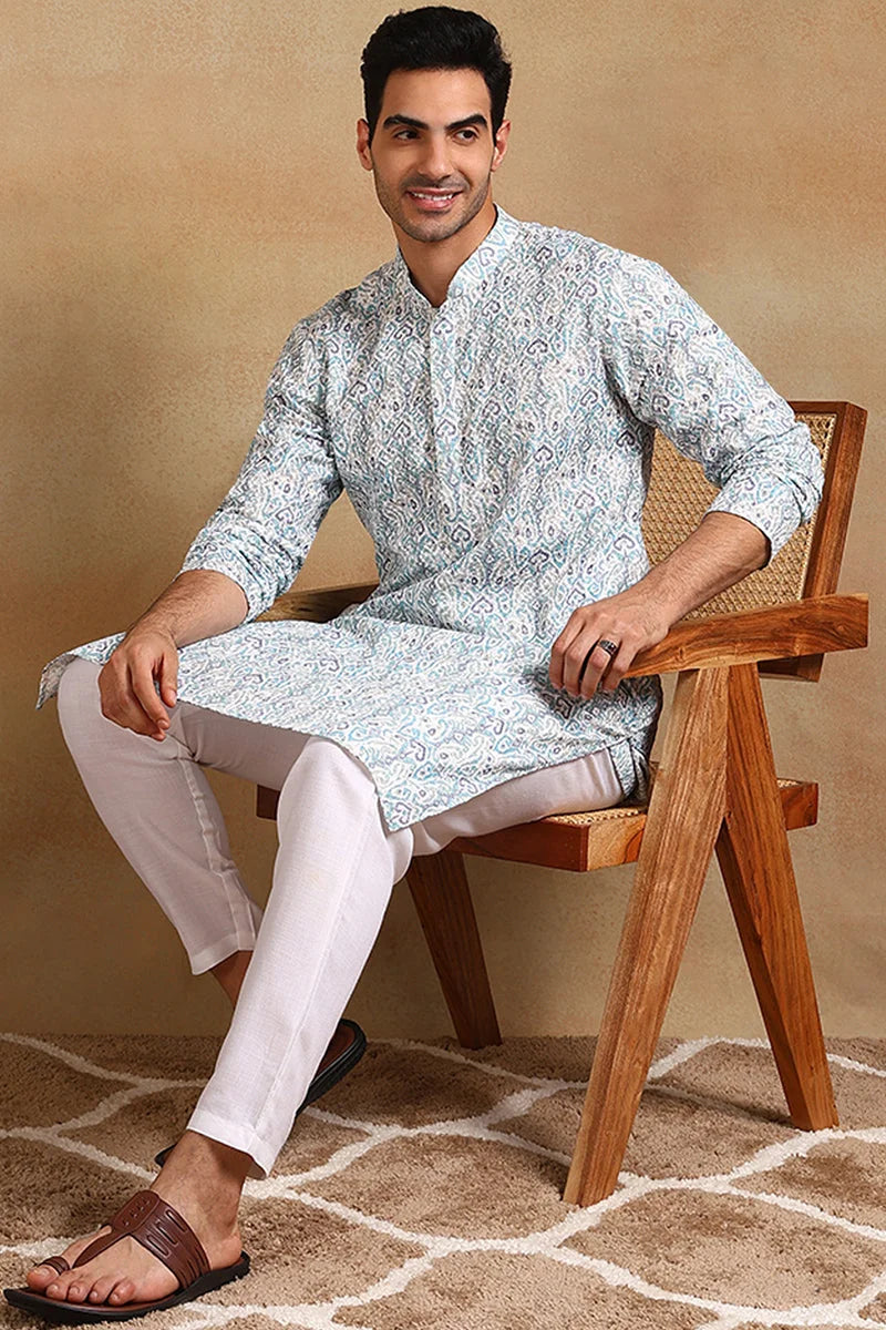 Teal Embroidered Mens Kurta - Viscose Rayon Indian Kurta for Men