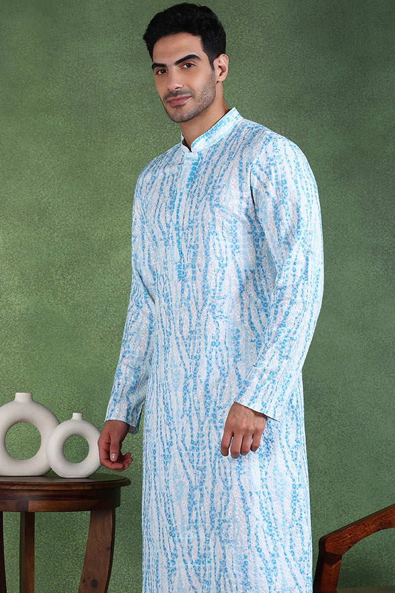 Blue Embroidered Mens Kurta - Viscose Rayon Indian Kurta for Men