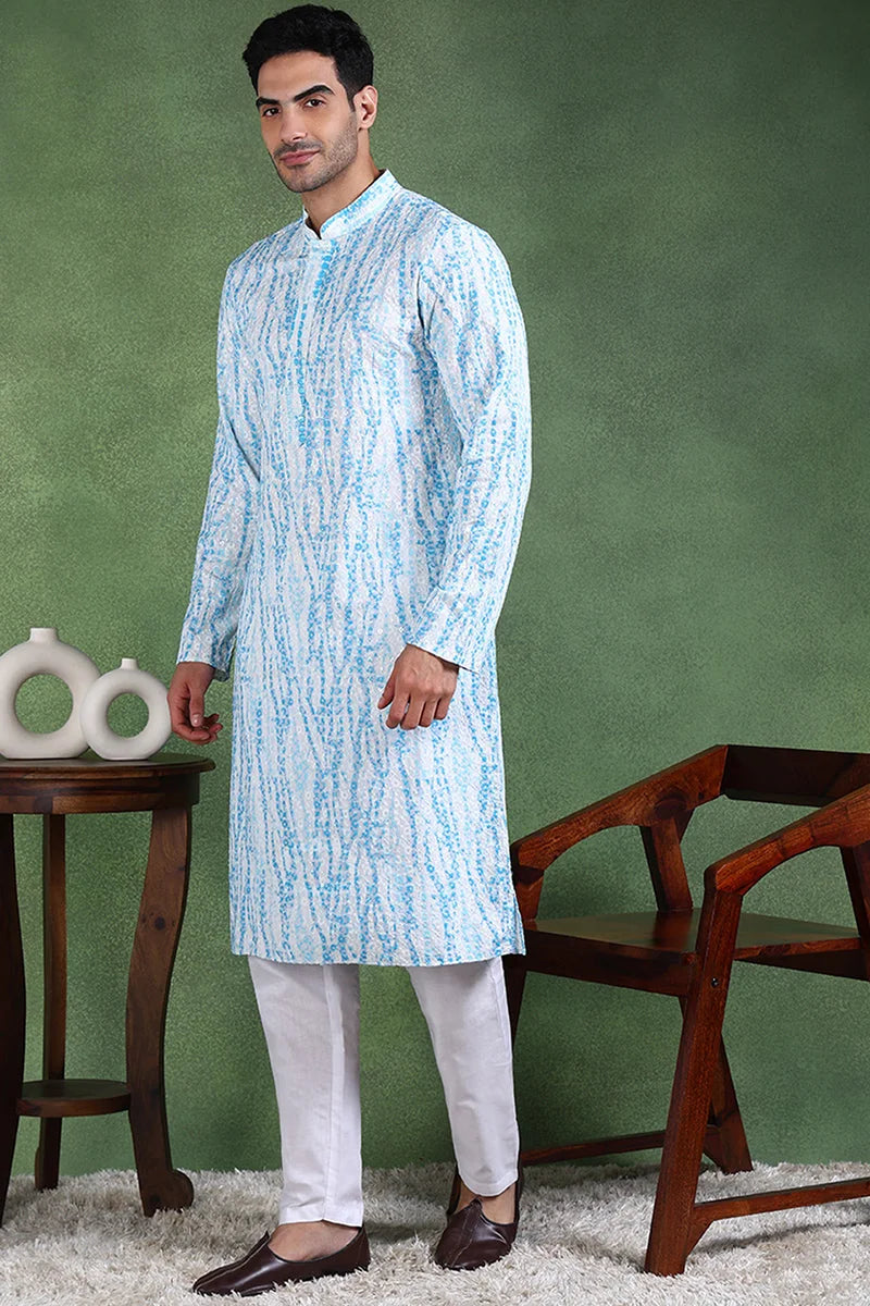 Blue Embroidered Mens Kurta - Viscose Rayon Indian Kurta for Men