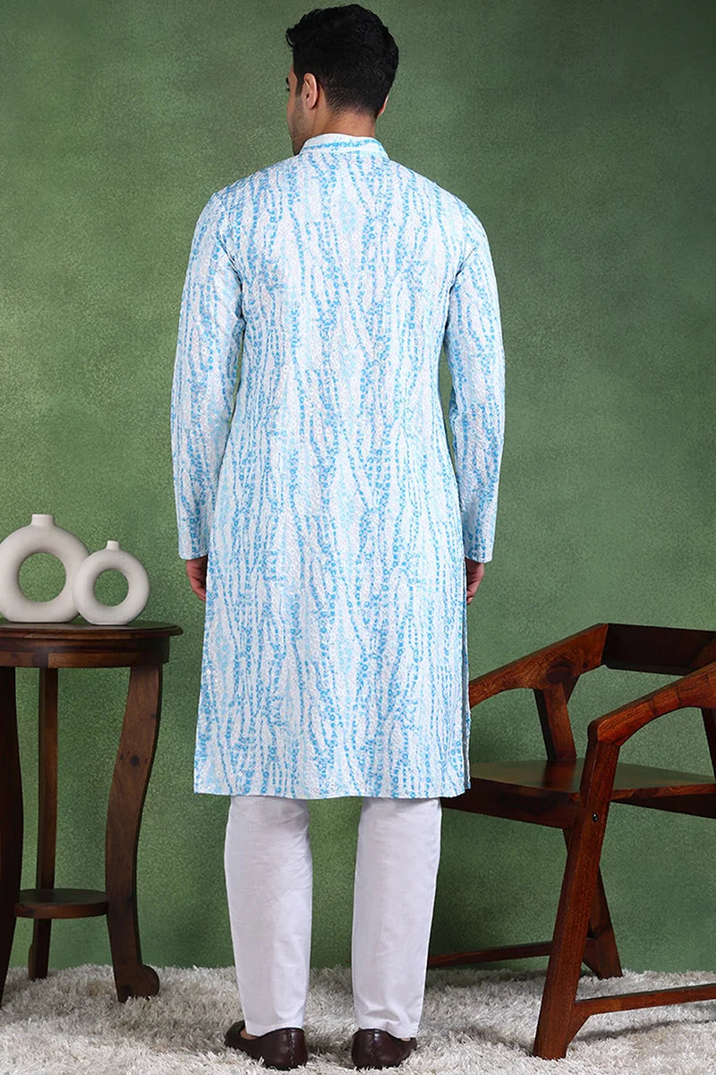 Blue Embroidered Mens Kurta - Viscose Rayon Indian Kurta for Men