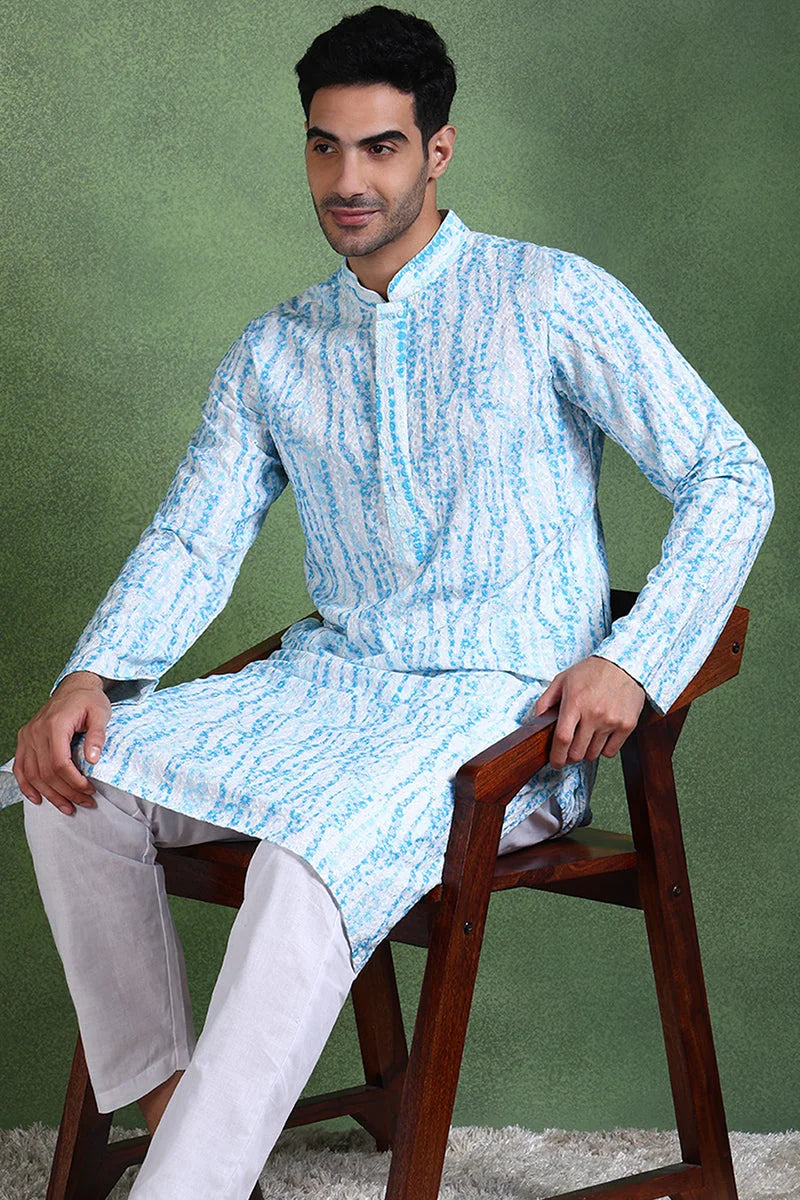 Blue Embroidered Mens Kurta - Viscose Rayon Indian Kurta for Men