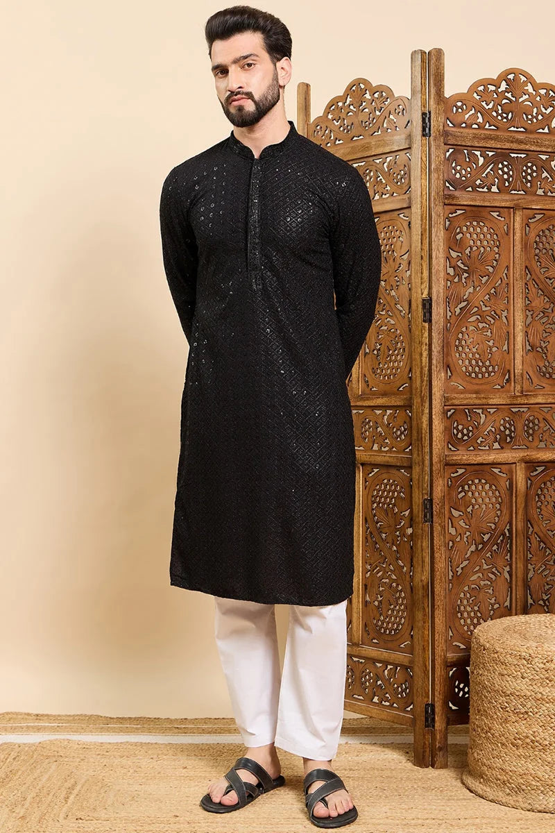 Shop Black Embroidered Mens Kurta - Indian Kurta for Men