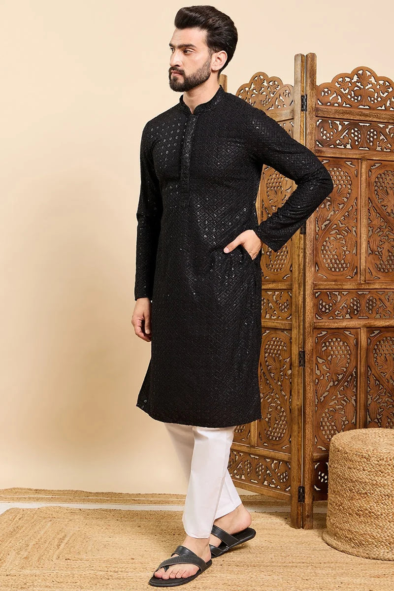 Shop Black Embroidered Mens Kurta - Indian Kurta for Men
