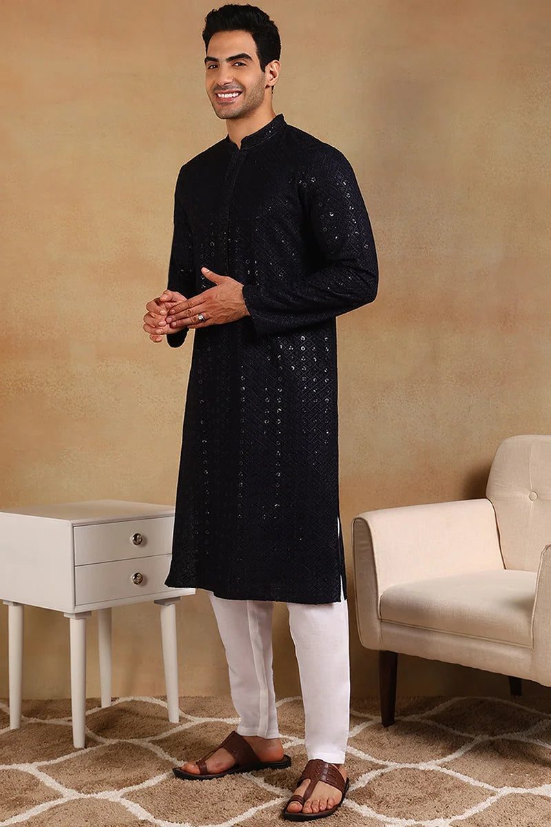 Navy Embroidered Mens Kurta - Indian Kurta for Men - Ethnic Bay
