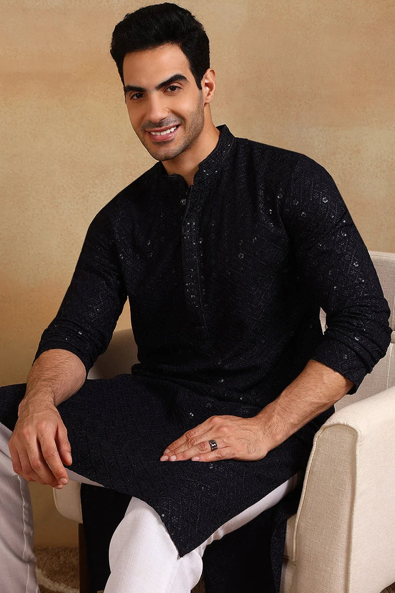 Navy Embroidered Mens Kurta - Indian Kurta for Men - Ethnic Bay