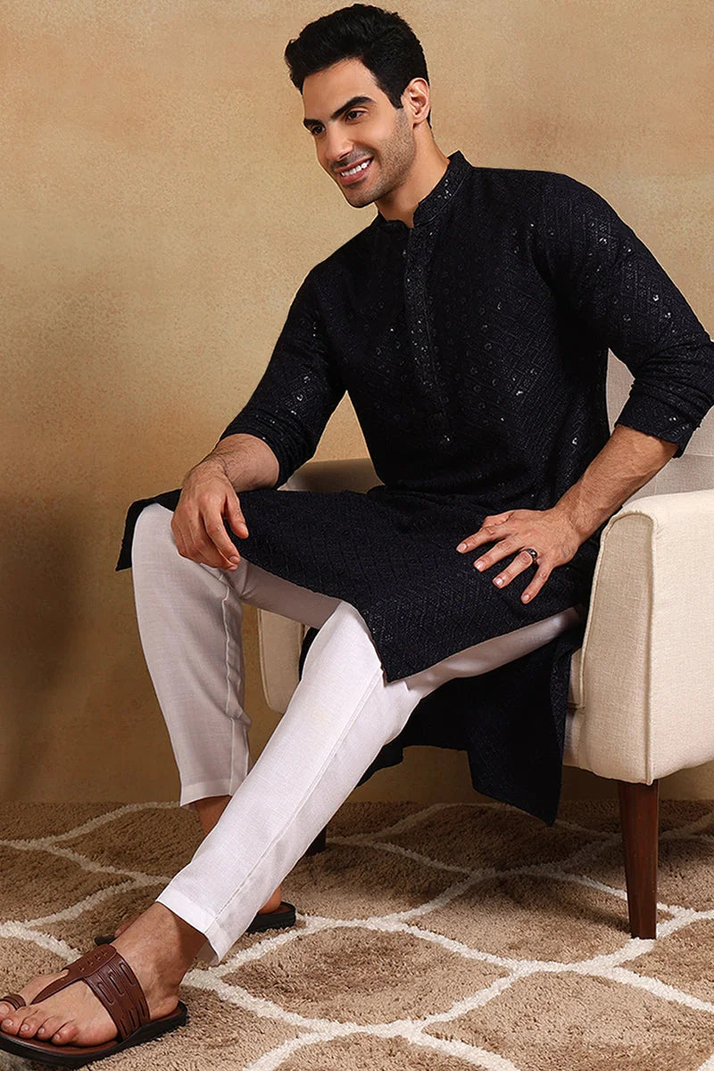Navy Embroidered Mens Kurta - Indian Kurta for Men - Ethnic Bay