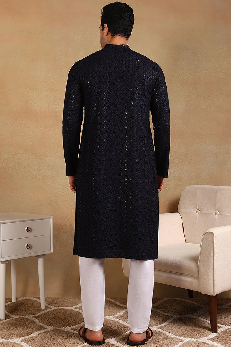 Navy Embroidered Mens Kurta - Indian Kurta for Men - Ethnic Bay