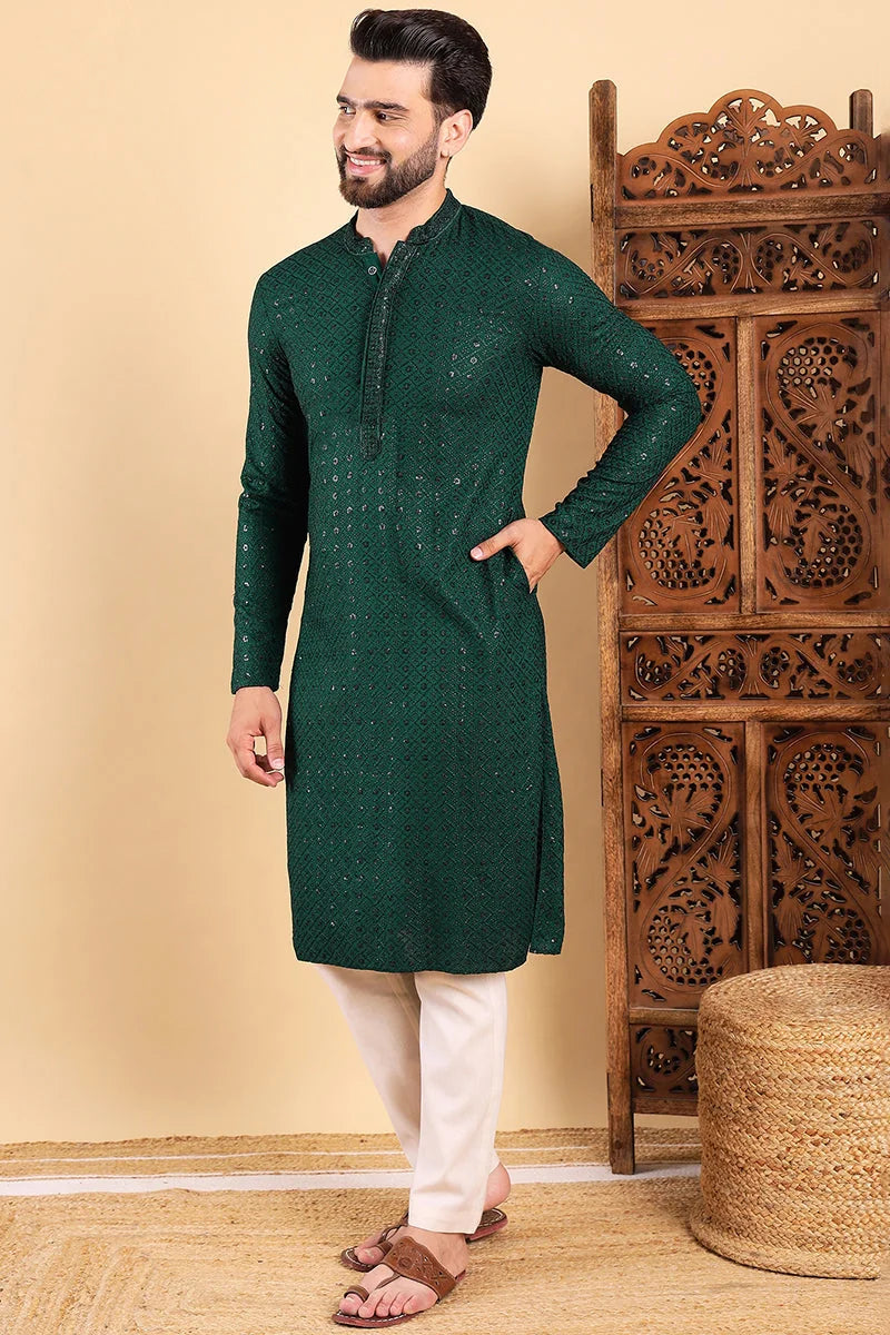 Green Embroidered Mens Kurta - Indian Kurta for Men - Ethnic Bay