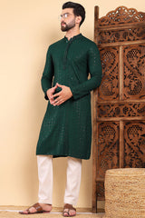 Ethnic Bay Green Viscose Rayon Solid Embroidered Straight Kurta For Men MKU1007GRN