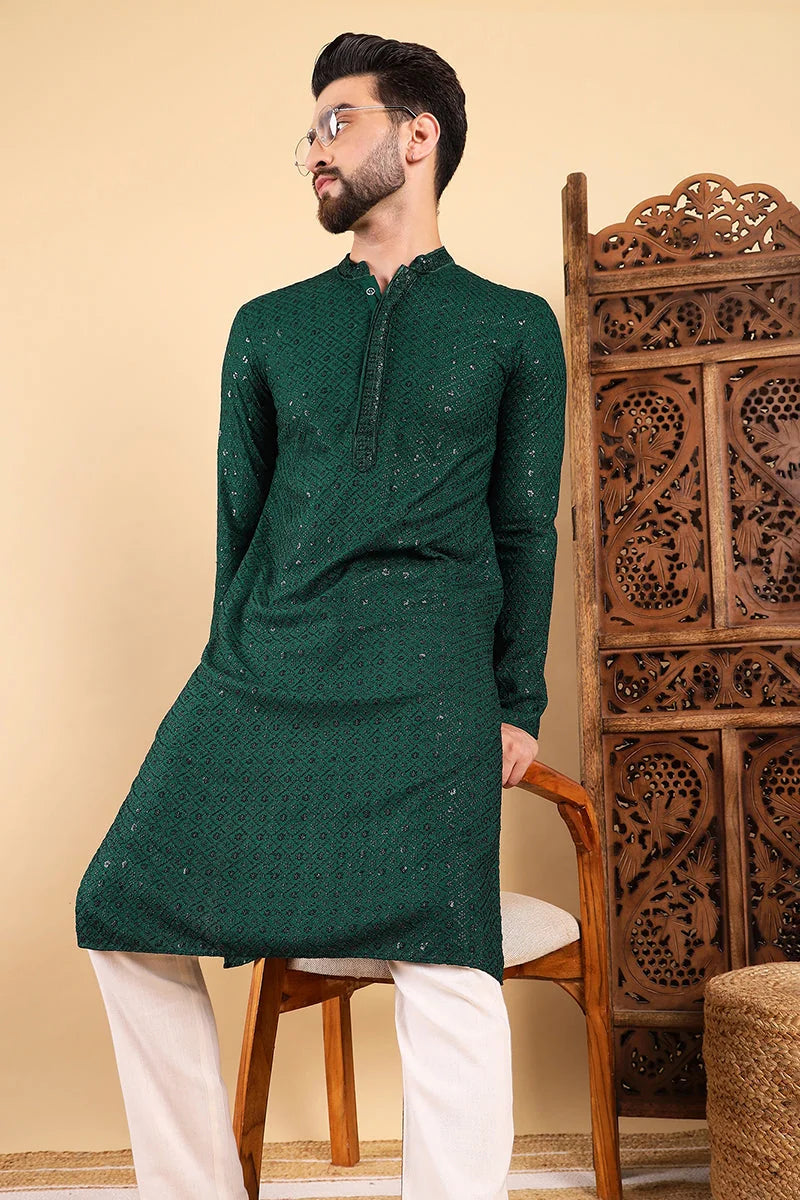 Green Embroidered Mens Kurta - Indian Kurta for Men - Ethnic Bay