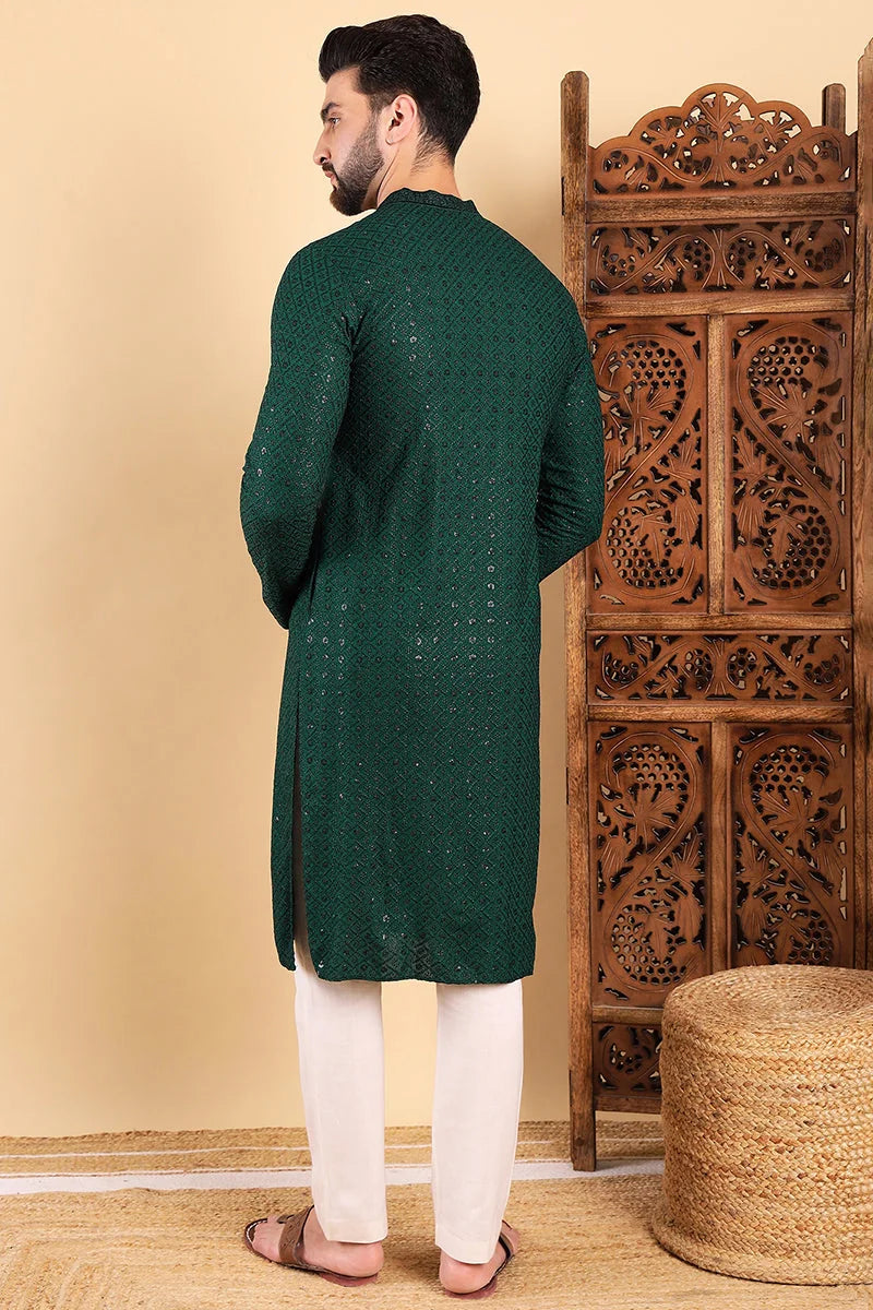 Green Embroidered Mens Kurta - Indian Kurta for Men - Ethnic Bay