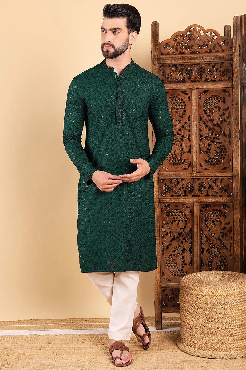 Green Embroidered Mens Kurta - Indian Kurta for Men - Ethnic Bay