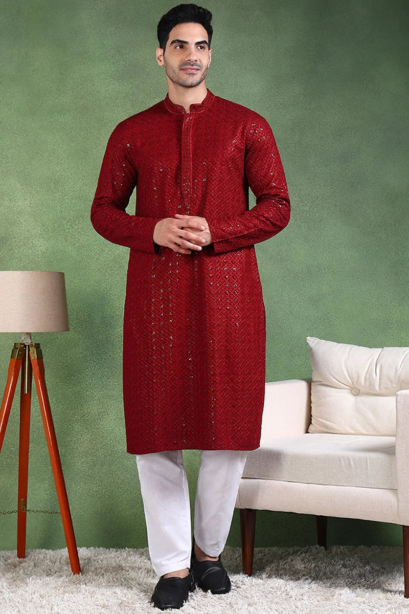 Maroon Embroidered Mens Kurta - Indian Kurta for Men - Ethnic Bay