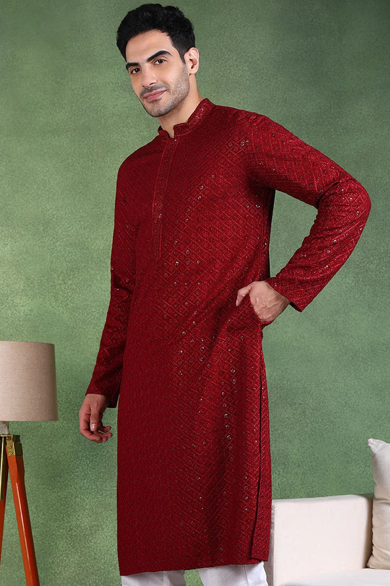 Maroon Embroidered Mens Kurta - Indian Kurta for Men - Ethnic Bay