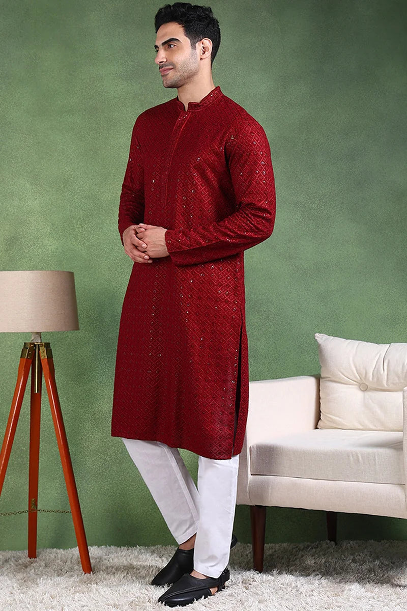 Maroon Embroidered Mens Kurta - Indian Kurta for Men - Ethnic Bay