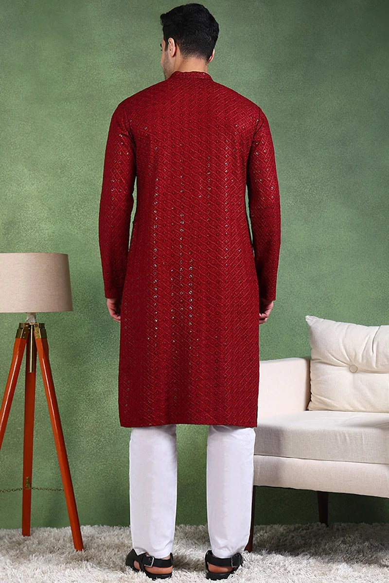 Maroon Embroidered Mens Kurta - Indian Kurta for Men - Ethnic Bay