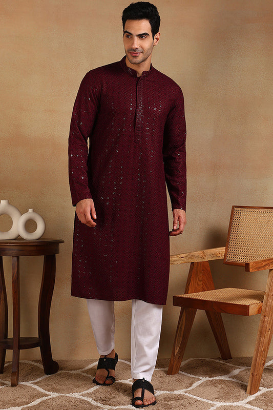 Ethnic Bay Wine Viscose Rayon Solid Embroidered Straight Kurta For Men MKU1007WIN 800