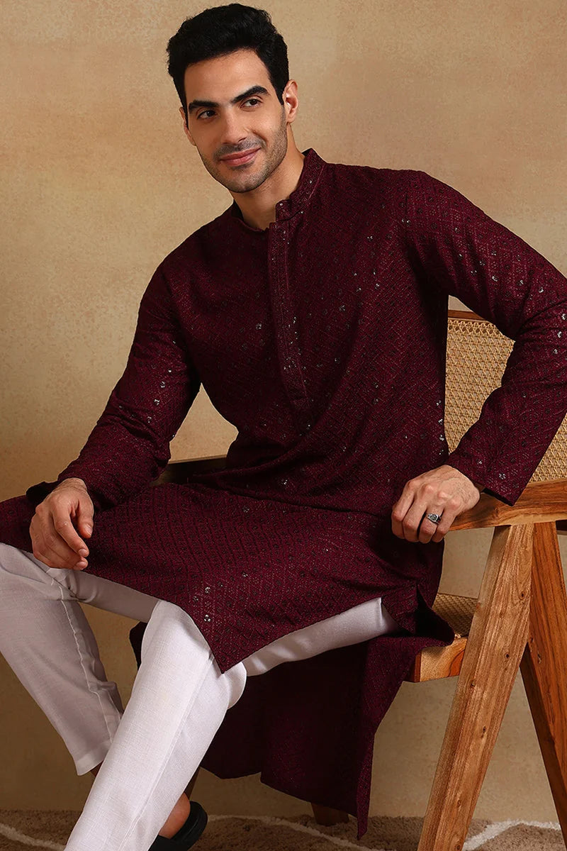 Wine Embroidered Mens Kurta - Viscose Rayon Indian Kurta for Men