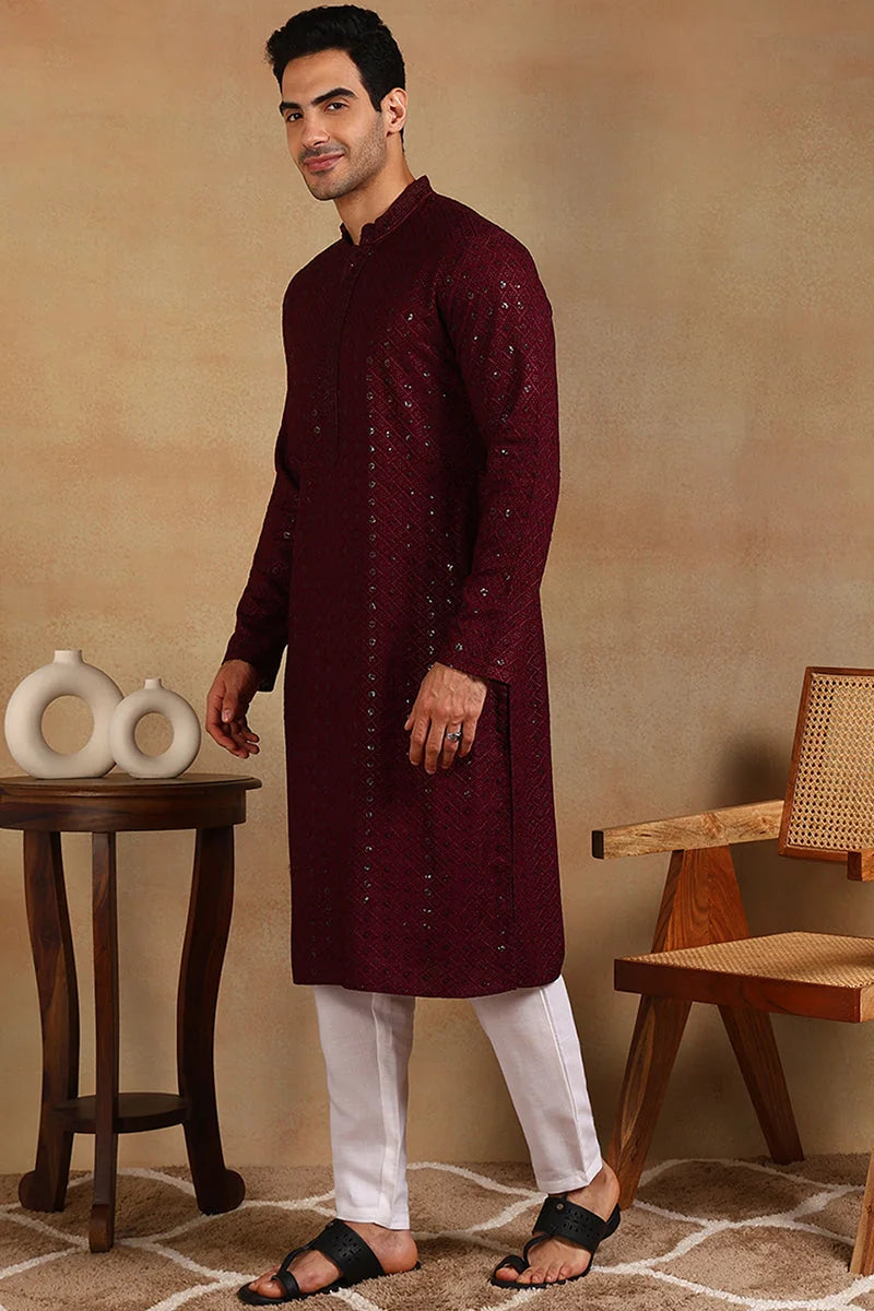 Wine Embroidered Mens Kurta - Viscose Rayon Indian Kurta for Men