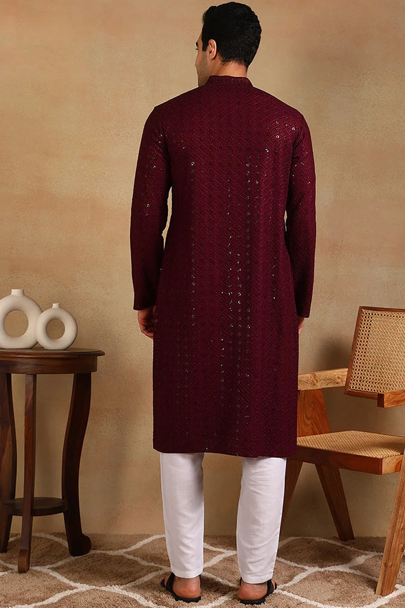 Wine Embroidered Mens Kurta - Viscose Rayon Indian Kurta for Men