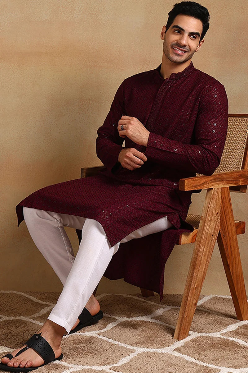 Wine Embroidered Mens Kurta - Viscose Rayon Indian Kurta for Men