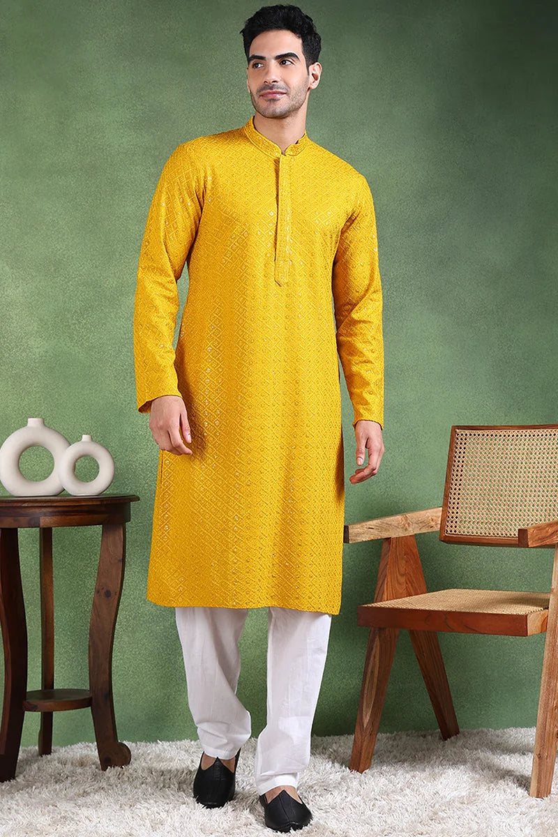 Mustard Embroidered Mens Kurta - Viscose Rayon Indian Kurta