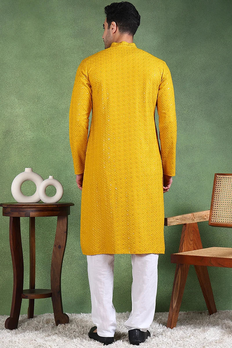 Mustard Embroidered Mens Kurta - Viscose Rayon Indian Kurta