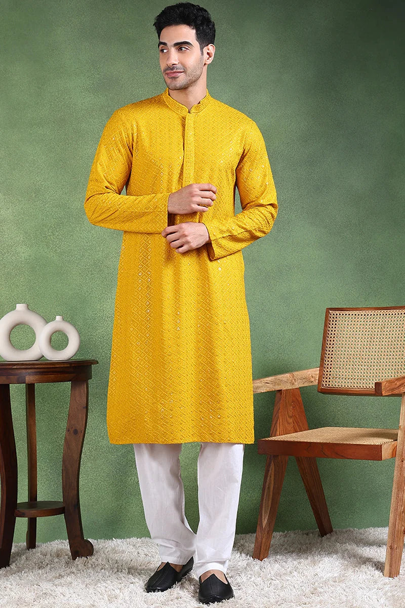 Mustard Embroidered Mens Kurta - Viscose Rayon Indian Kurta