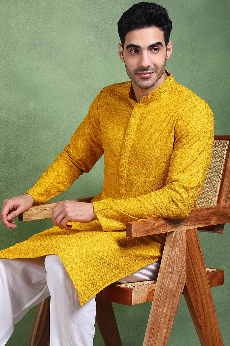 Mustard Embroidered Mens Kurta - Viscose Rayon Indian Kurta