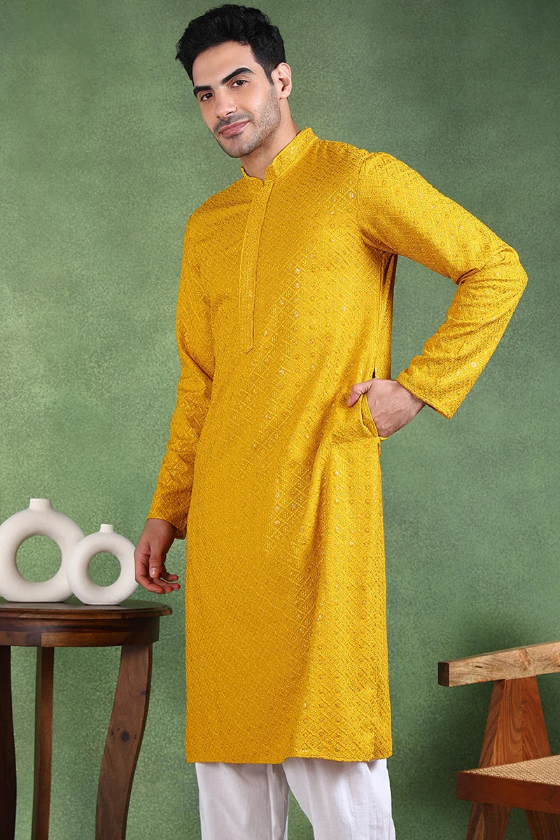Mustard Embroidered Mens Kurta - Viscose Rayon Indian Kurta