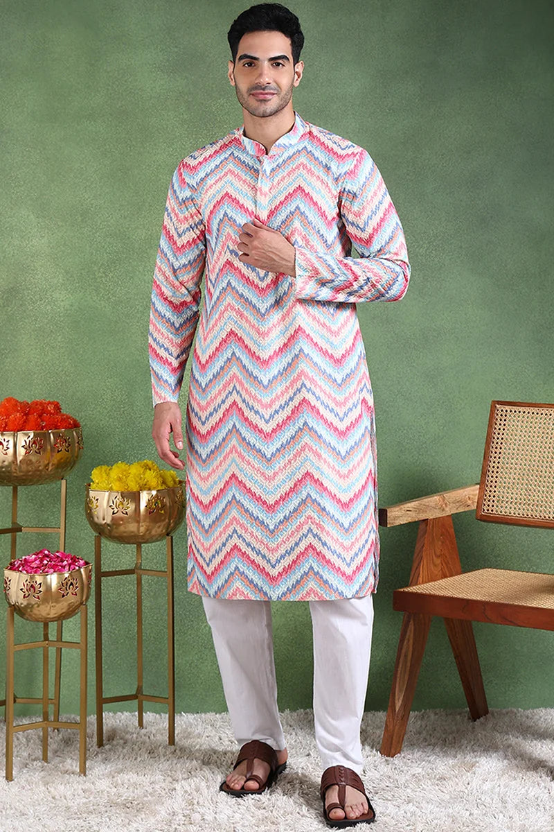 Pink Ikat Embroidered Mens Kurta - Indian Kurta - Ethnic Bay