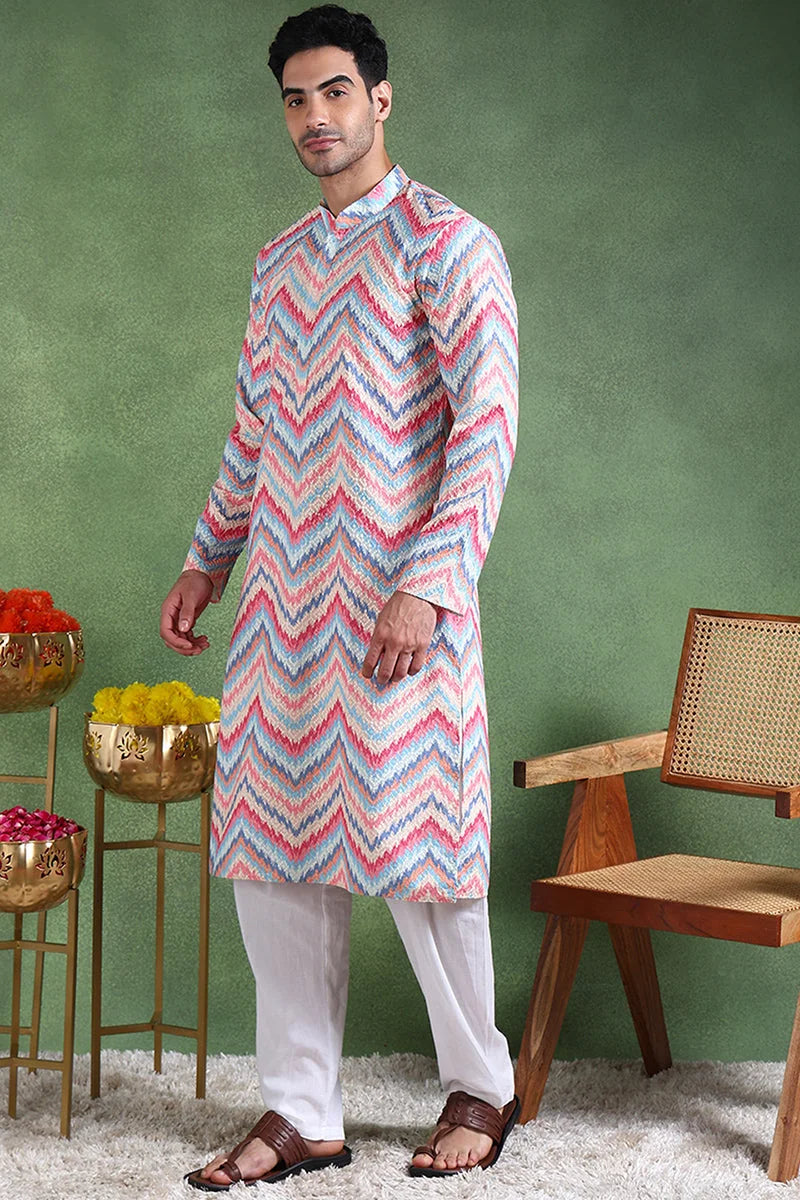Pink Ikat Embroidered Mens Kurta - Indian Kurta - Ethnic Bay