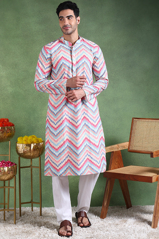 Ethnic Bay Pink Viscose Rayon Ikat Embroidered Straight Kurta For Men MKU1008PNK 800