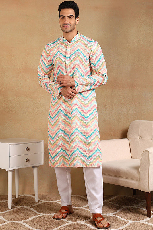 Ethnic Bay Teal Viscose Rayon Chevron Embroidered Straight Kurta For Men MKU1008TIL 800