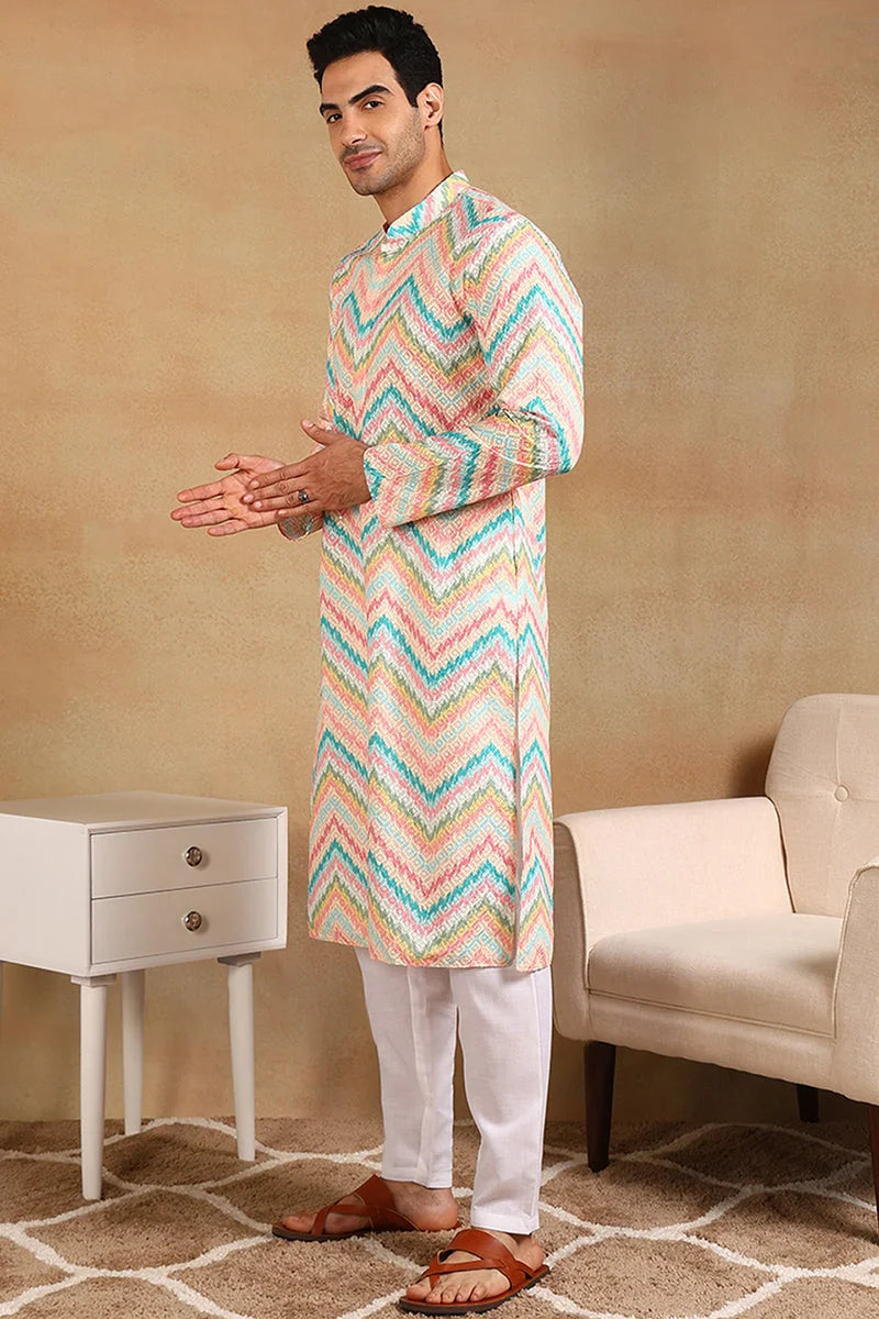 Teal Chevron Embroidered Mens Kurta - Indian Kurta for Men